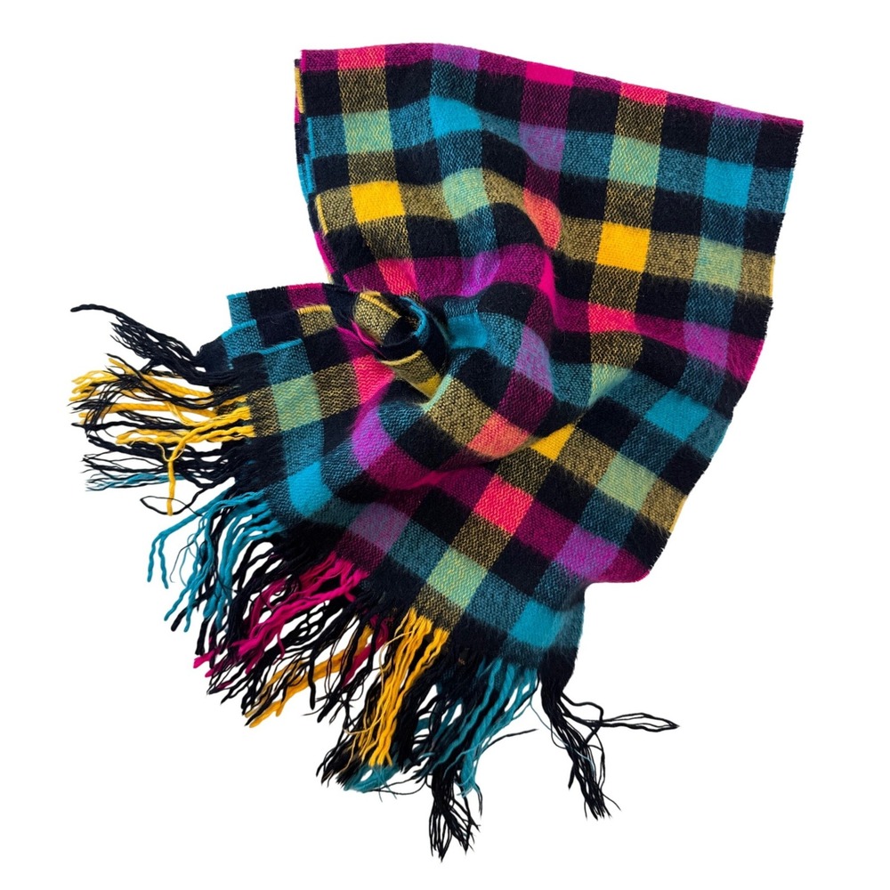100% Cashmere Scarf OS Multicolor Plaid Fringe Bright Colorful Winter Soft‎ Warm